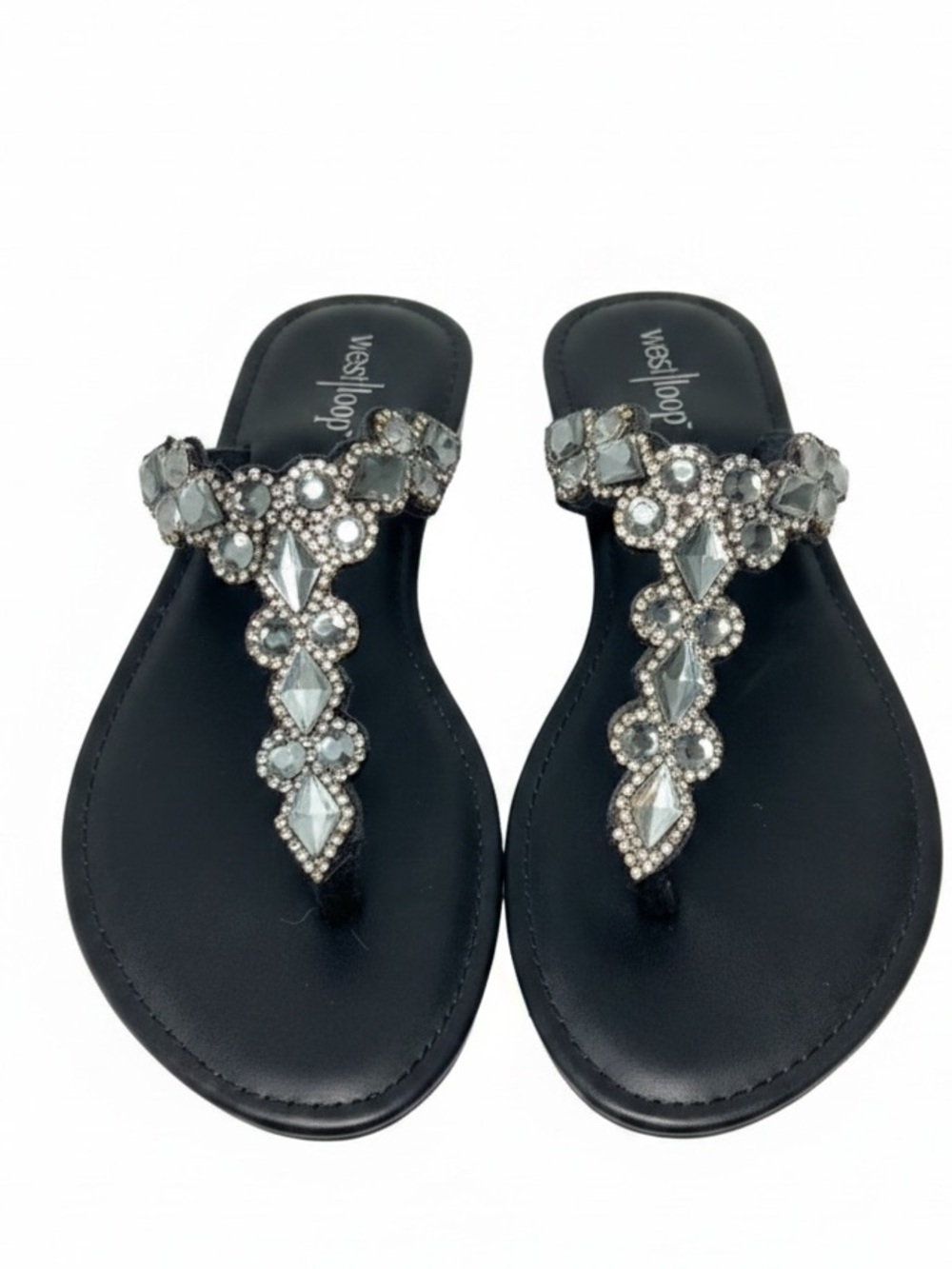 New West Loop Black Rhinestone Gem Bling Sandals Womens size 10